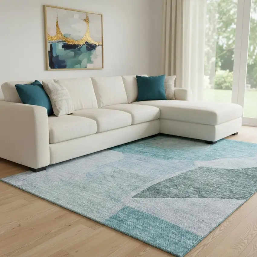 Teal And Ivory Abstract Washable Area Rug With UV Protection Photo 1