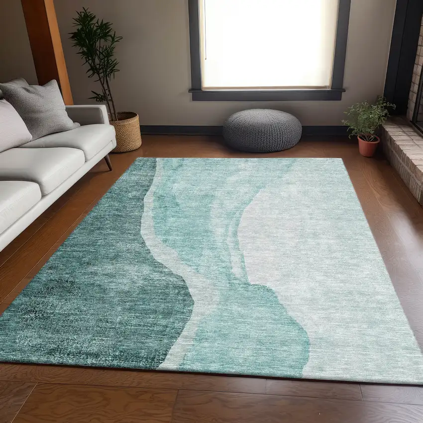 Teal And Ivory Abstract Washable Area Rug With UV Protection Photo 5