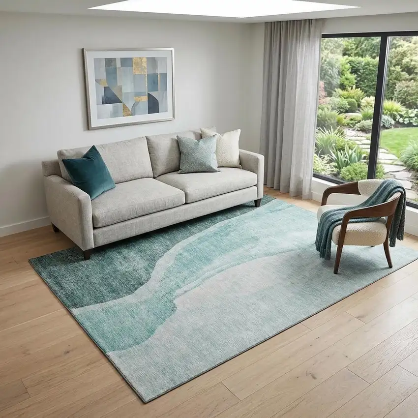 Teal And Ivory Abstract Washable Area Rug With UV Protection Photo 1
