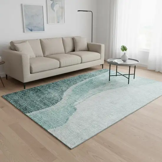 Teal And Ivory Abstract Washable Area Rug With UV Protection Photo 1