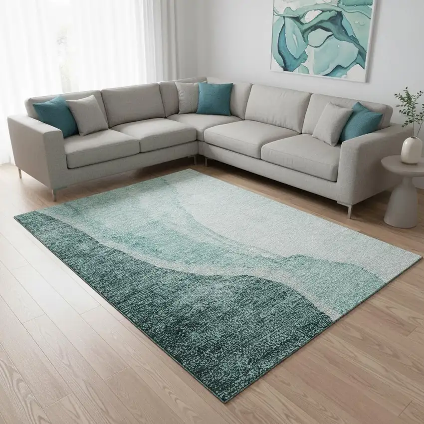 Teal And Ivory Abstract Washable Area Rug With UV Protection Photo 1