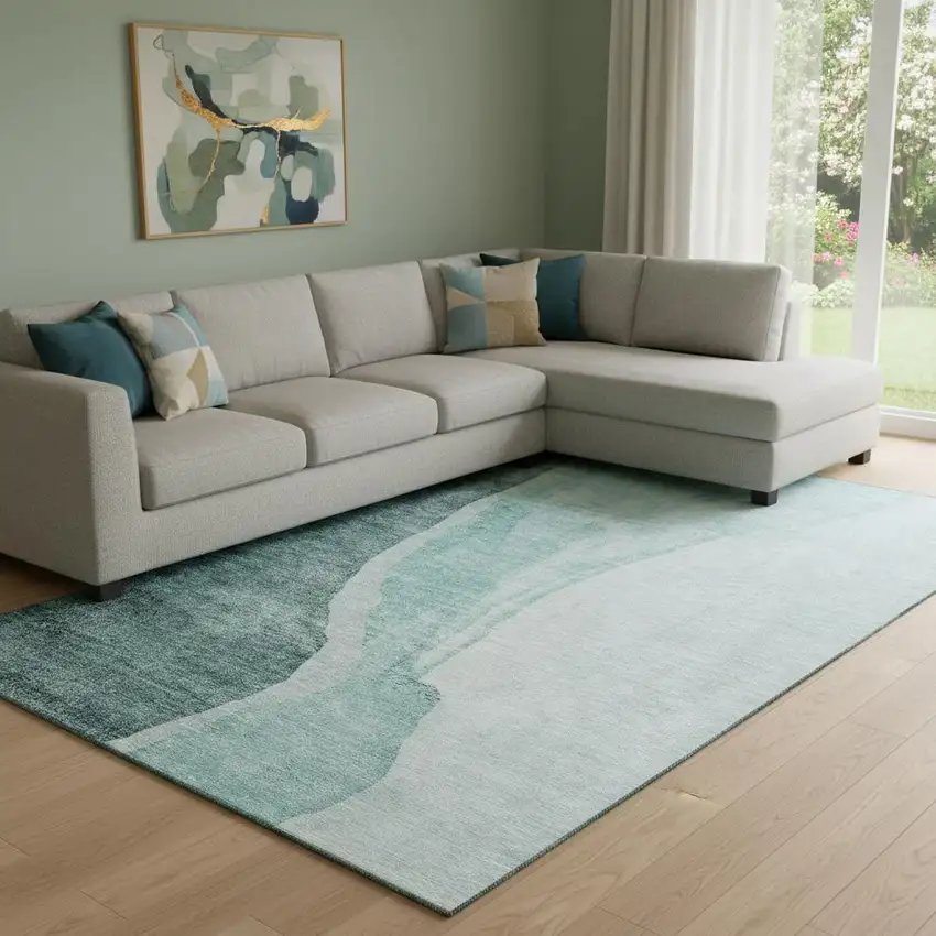 Teal And Ivory Abstract Washable Area Rug With UV Protection Photo 1