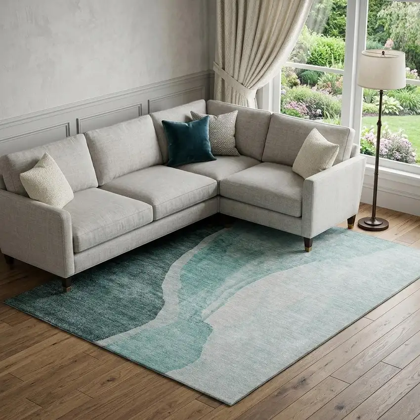 Teal And Ivory Abstract Washable Area Rug With UV Protection Photo 1