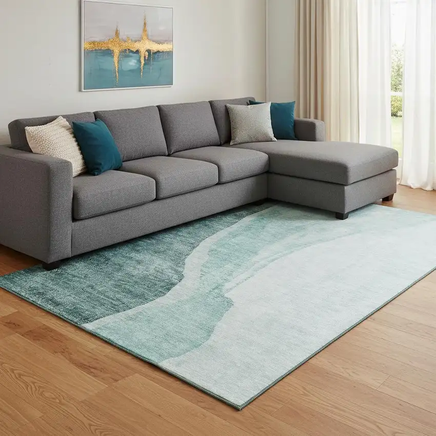 Teal And Ivory Abstract Washable Area Rug With UV Protection Photo 1