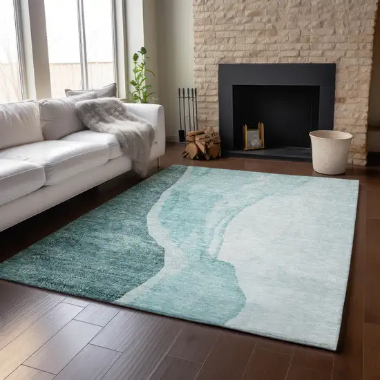 Teal And Ivory Abstract Washable Area Rug With UV Protection Photo 8