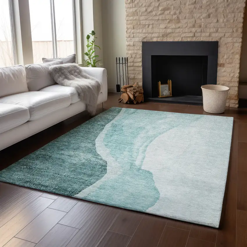 Teal And Ivory Abstract Washable Area Rug With UV Protection Photo 8