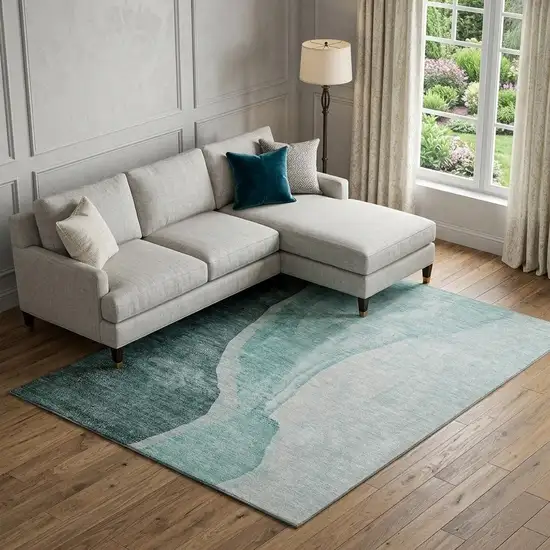 Teal And Ivory Abstract Washable Area Rug With UV Protection Photo 1