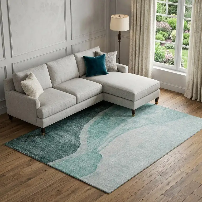 Teal And Ivory Abstract Washable Area Rug With UV Protection Photo 1
