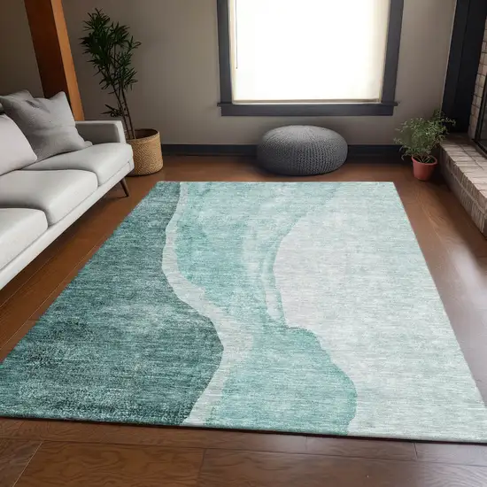 Teal And Ivory Abstract Washable Area Rug With UV Protection Photo 4