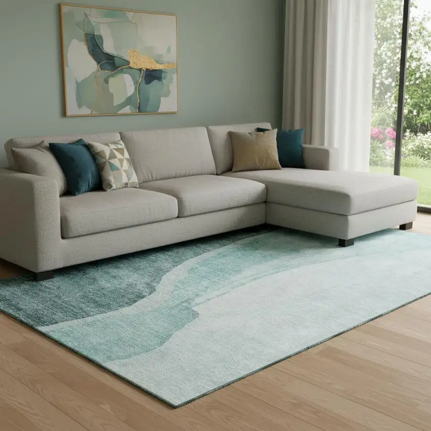 Teal And Ivory Abstract Washable Area Rug With UV Protection Photo 1