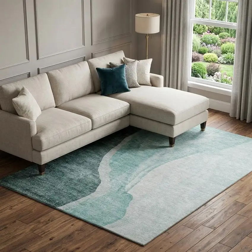 Teal And Ivory Abstract Washable Area Rug With UV Protection Photo 1