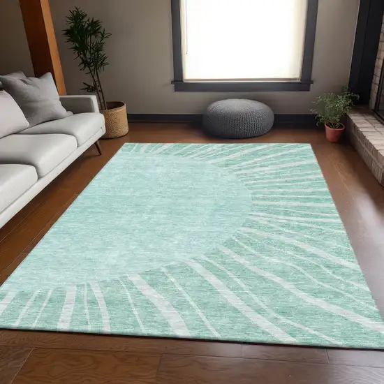 Teal And Ivory Abstract Washable Area Rug With UV Protection Photo 5