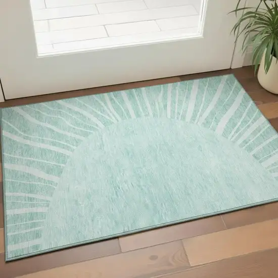Teal And Ivory Abstract Washable Area Rug With UV Protection Photo 2