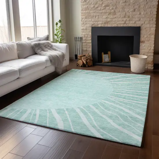 Teal And Ivory Abstract Washable Area Rug With UV Protection Photo 4