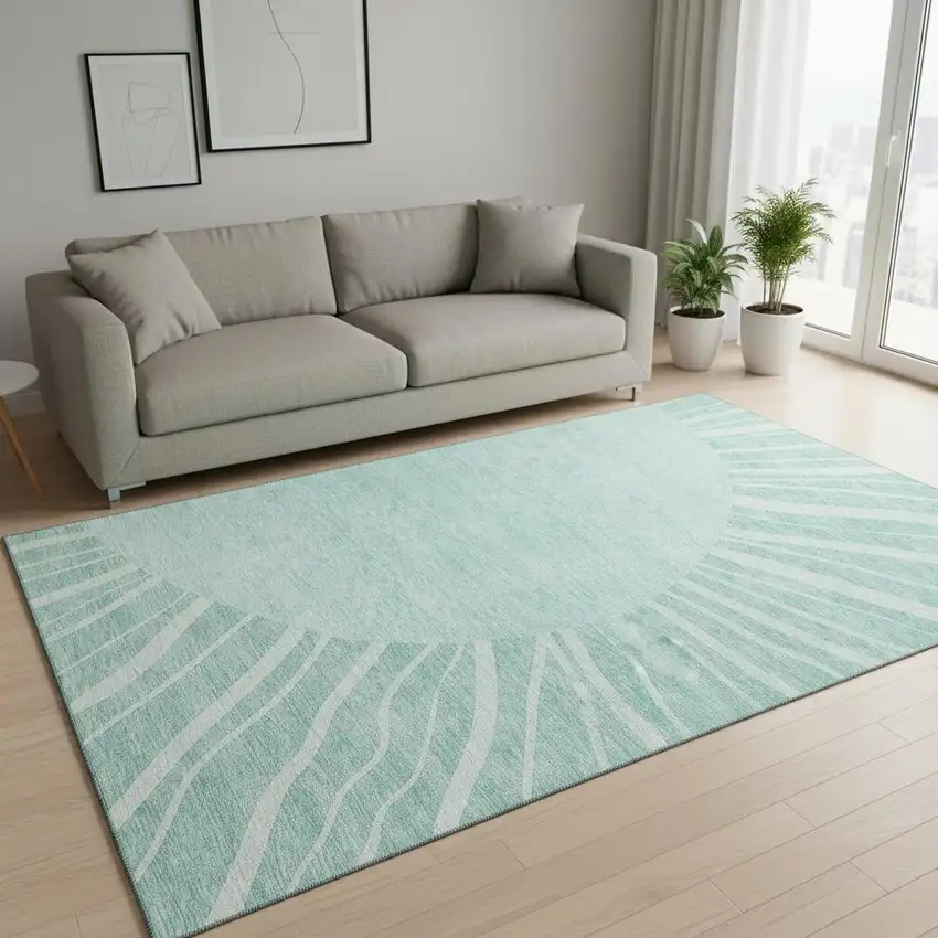 Teal And Ivory Abstract Washable Area Rug With UV Protection Photo 1