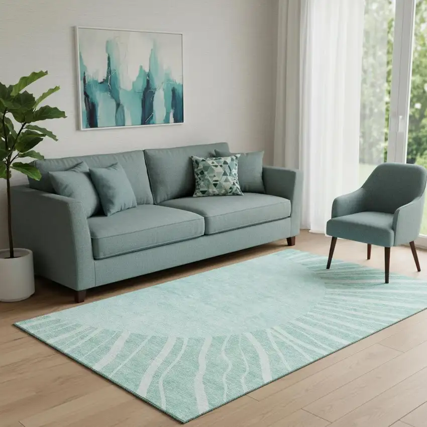 Teal And Ivory Abstract Washable Area Rug With UV Protection Photo 1