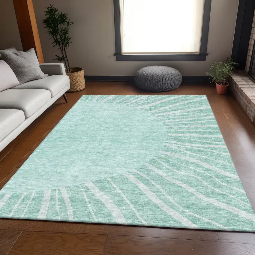 Teal And Ivory Abstract Washable Area Rug With UV Protection Photo 5