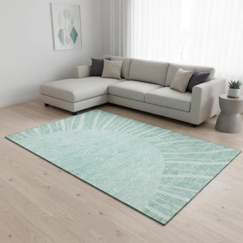 Teal And Ivory Abstract Washable Area Rug With UV Protection Photo 1