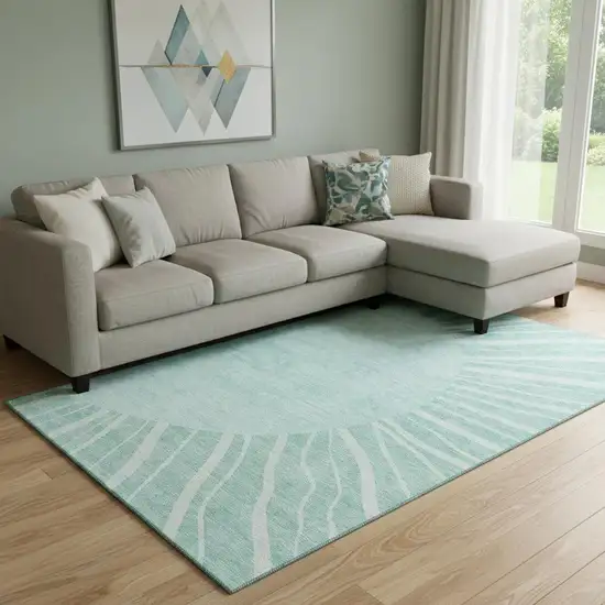 Teal And Ivory Abstract Washable Area Rug With UV Protection Photo 1