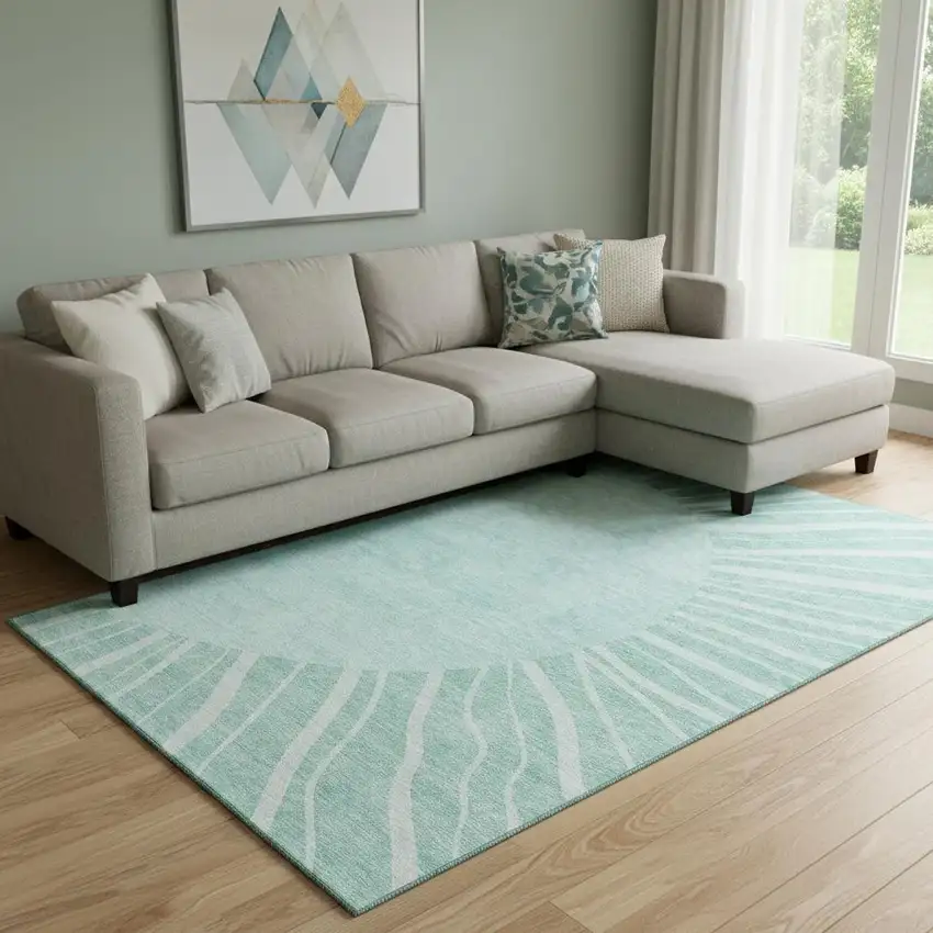 Teal And Ivory Abstract Washable Area Rug With UV Protection Photo 1