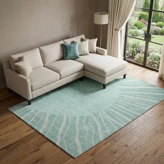 Teal And Ivory Abstract Washable Area Rug With UV Protection Photo 1