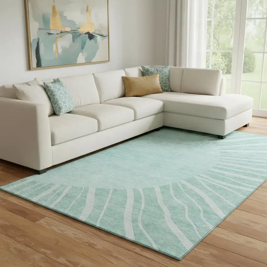 Teal And Ivory Abstract Washable Area Rug With UV Protection Photo 1