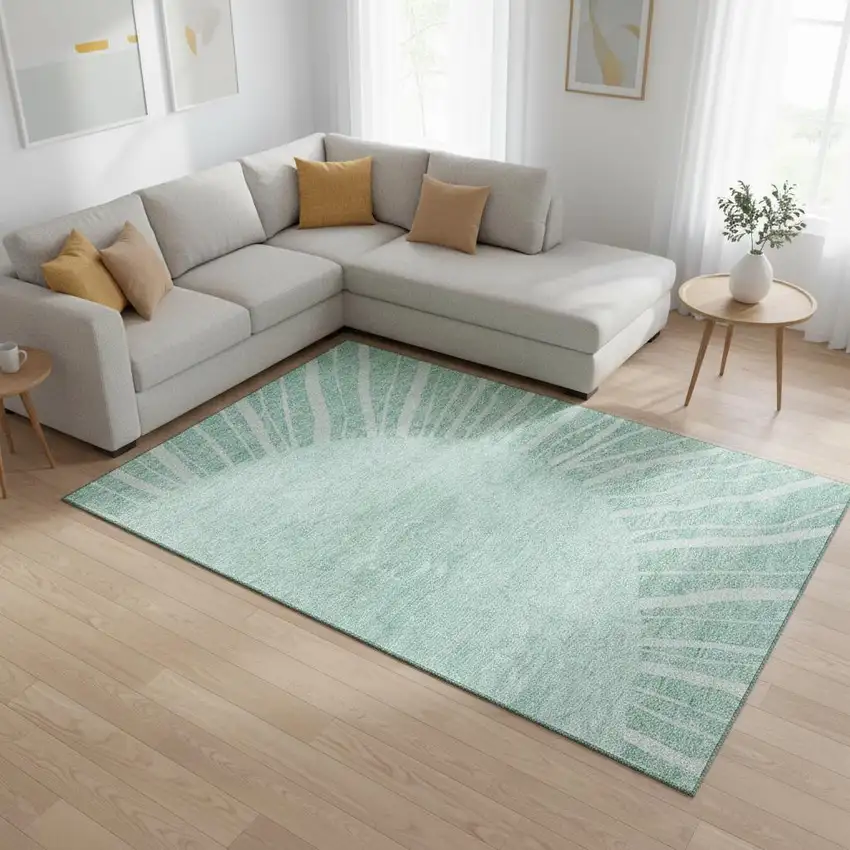 Teal And Ivory Abstract Washable Area Rug With UV Protection Photo 1