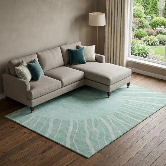 Teal And Ivory Abstract Washable Area Rug With UV Protection Photo 1