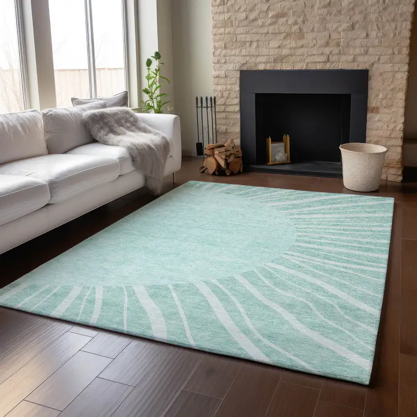 Teal And Ivory Abstract Washable Area Rug With UV Protection Photo 4