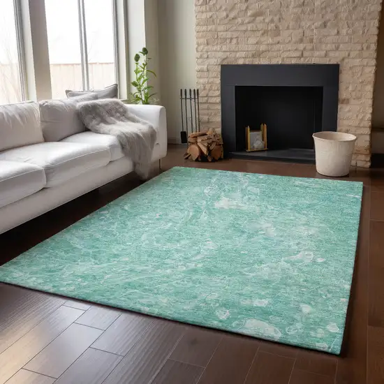 Teal And Ivory Abstract Washable Area Rug With UV Protection Photo 5