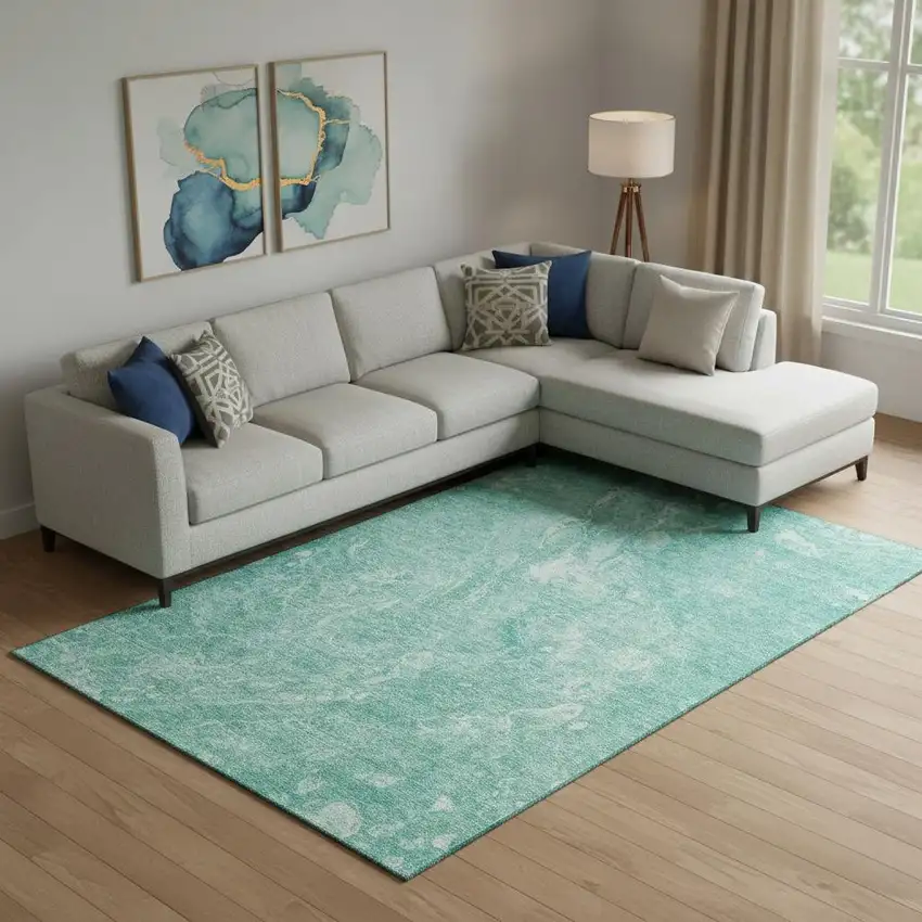 Teal And Ivory Abstract Washable Area Rug With UV Protection Photo 1