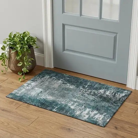 Teal And Ivory Abstract Washable Area Rug With UV Protection Photo 1