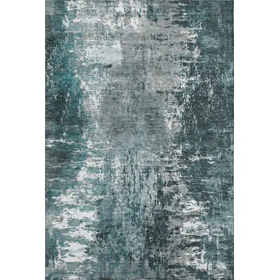 Teal And Ivory Abstract Washable Area Rug With UV Protection Photo 1