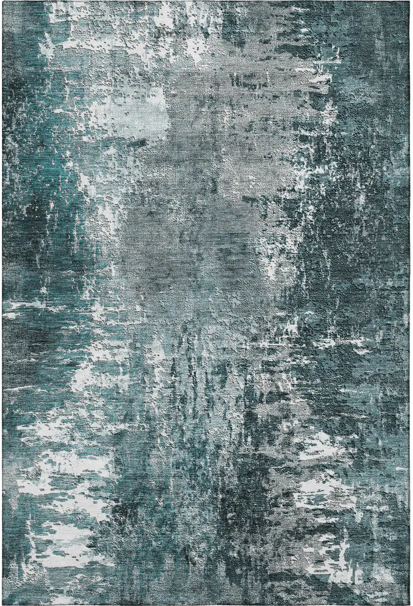 Teal And Ivory Abstract Washable Area Rug With UV Protection Photo 1