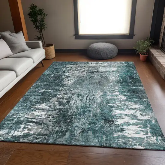 Teal And Ivory Abstract Washable Area Rug With UV Protection Photo 4