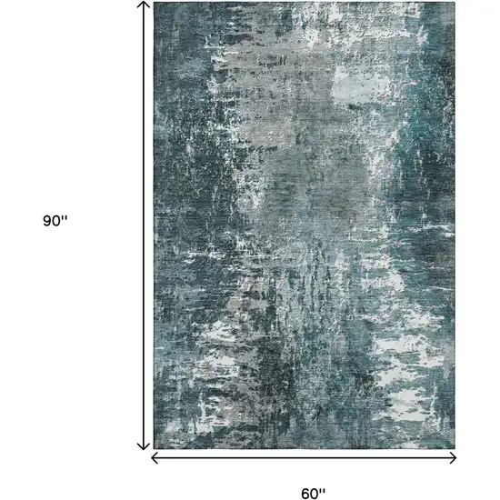 Teal And Ivory Abstract Washable Area Rug With UV Protection Photo 3