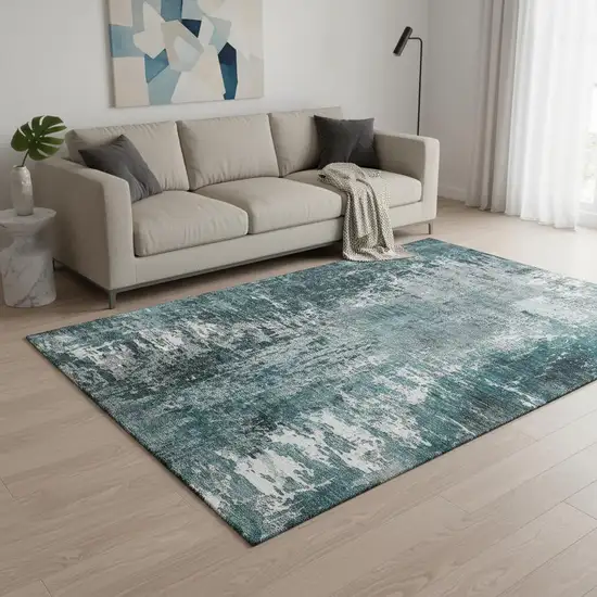 Teal And Ivory Abstract Washable Area Rug With UV Protection Photo 1