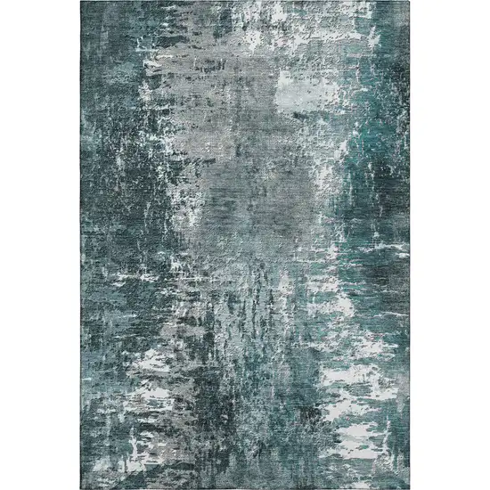 Teal And Ivory Abstract Washable Area Rug With UV Protection Photo 2