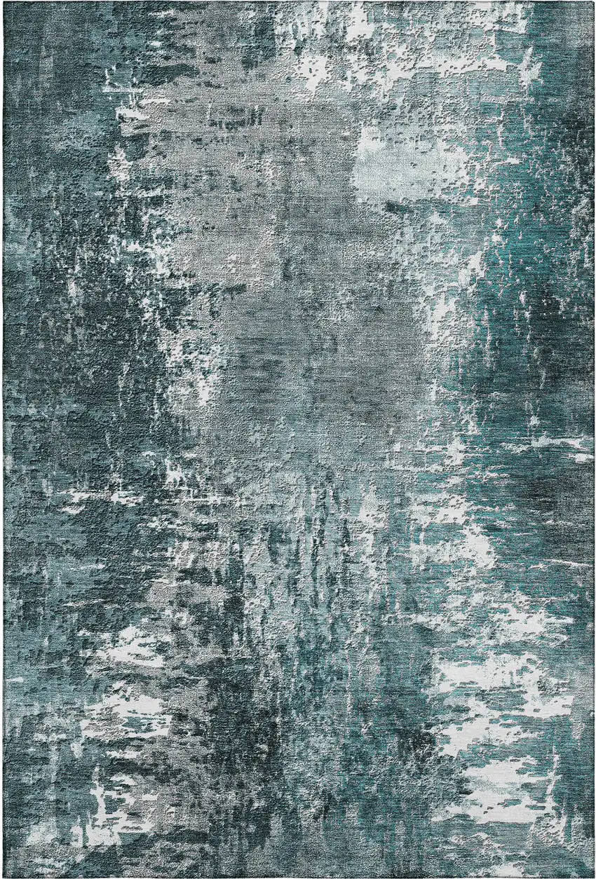 Teal And Ivory Abstract Washable Area Rug With UV Protection Photo 2