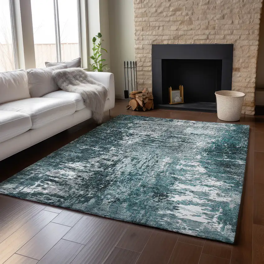 Teal And Ivory Abstract Washable Area Rug With UV Protection Photo 4