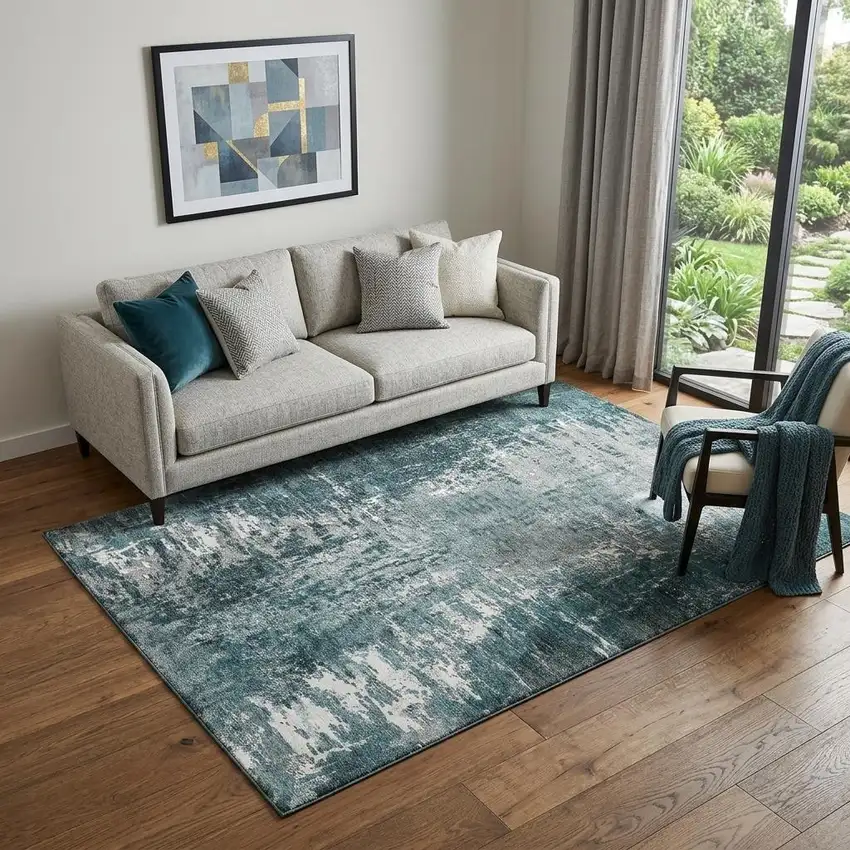 Teal And Ivory Abstract Washable Area Rug With UV Protection Photo 1