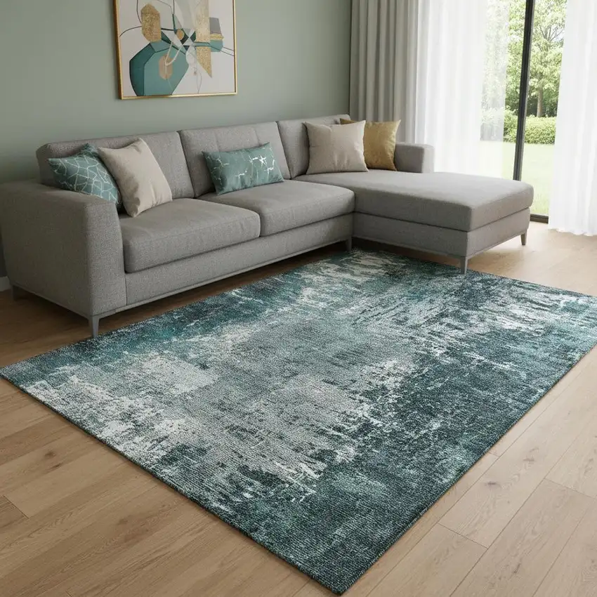 Teal And Ivory Abstract Washable Area Rug With UV Protection Photo 1