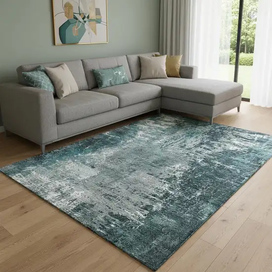 Teal And Ivory Abstract Washable Area Rug With UV Protection Photo 1