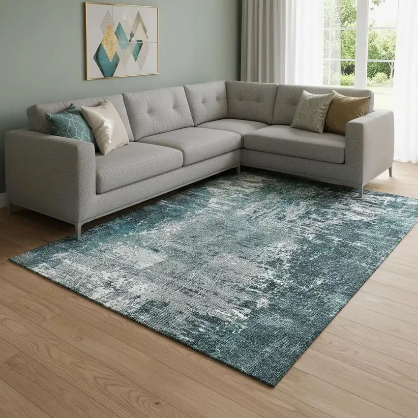 Teal And Ivory Abstract Washable Area Rug With UV Protection Photo 1