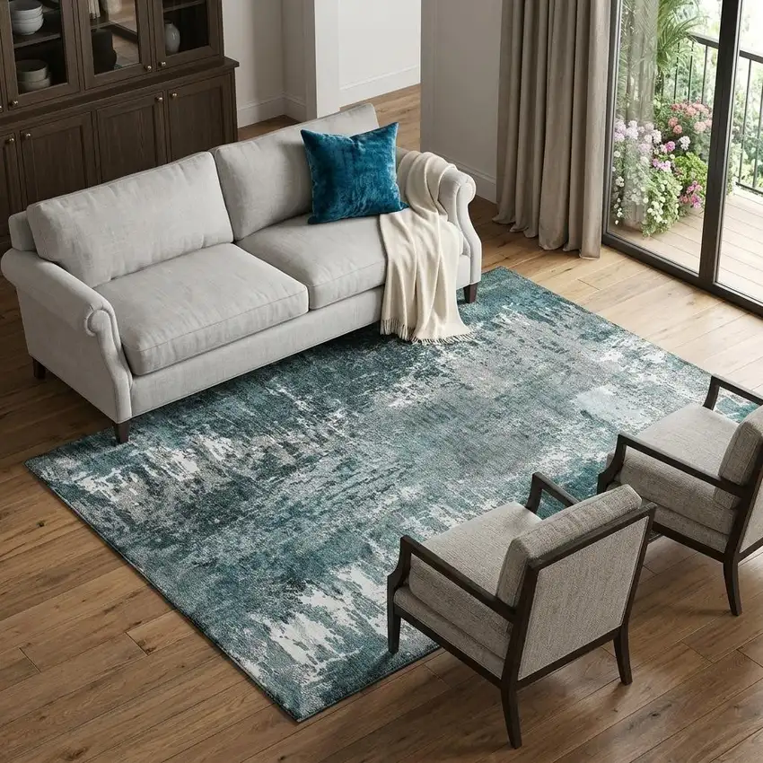 Teal And Ivory Abstract Washable Area Rug With UV Protection Photo 1