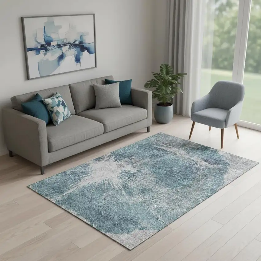 Teal And Ivory Abstract Washable Area Rug With UV Protection Photo 1