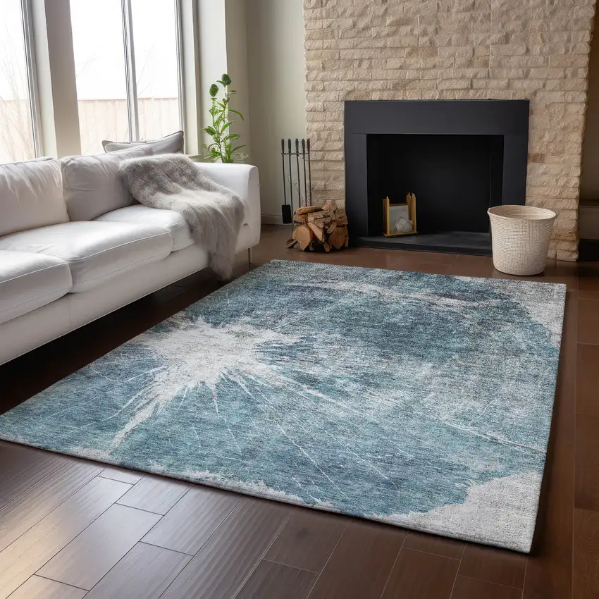 Teal And Ivory Abstract Washable Area Rug With UV Protection Photo 5