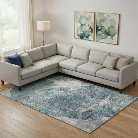 Teal And Ivory Abstract Washable Area Rug With UV Protection Photo 1