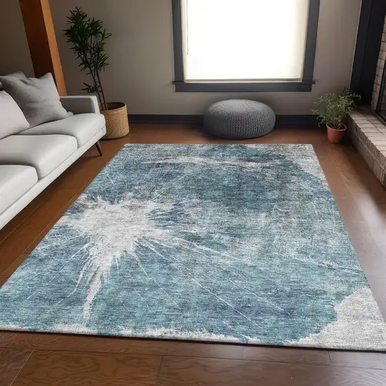 Teal And Ivory Abstract Washable Area Rug With UV Protection Photo 4