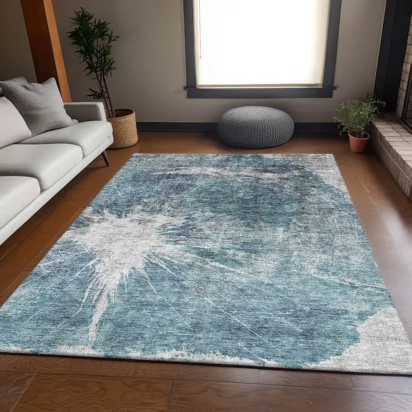 Teal And Ivory Abstract Washable Area Rug With UV Protection Photo 4
